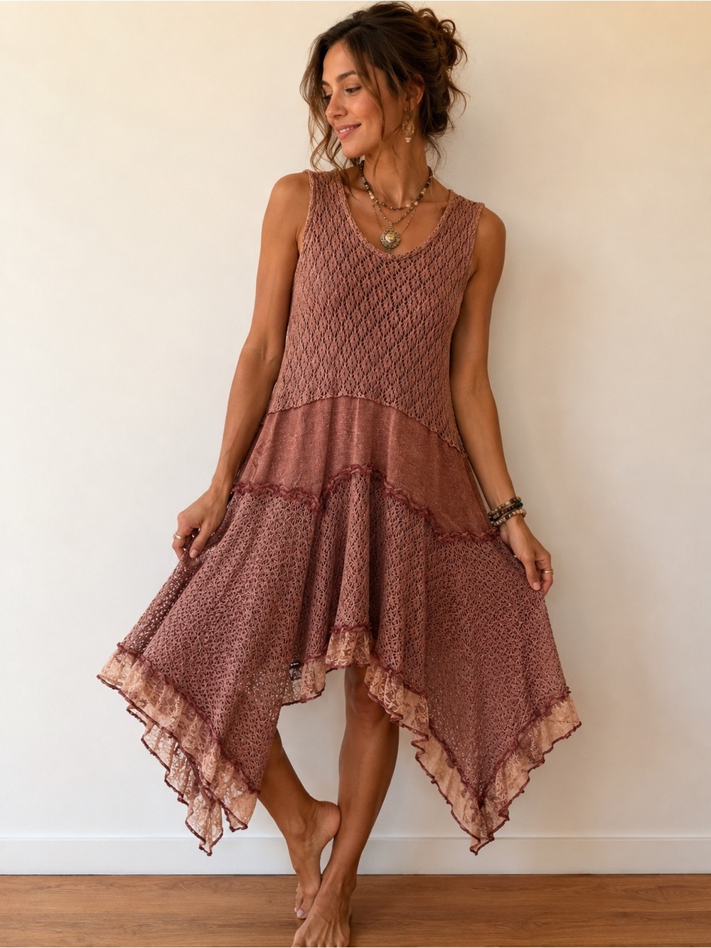 POL Sleeveless Handkerchief Hem Dress in Rusty Rose New no tags